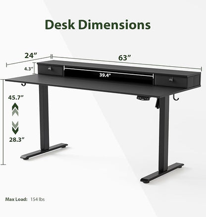 Agilestic 63 x 24 Inches Electric Standing Desk with 2 Storage Drawers, Stand Up Desk Adjustable Height, Sit and Stand Computer Table with Splice Board, White