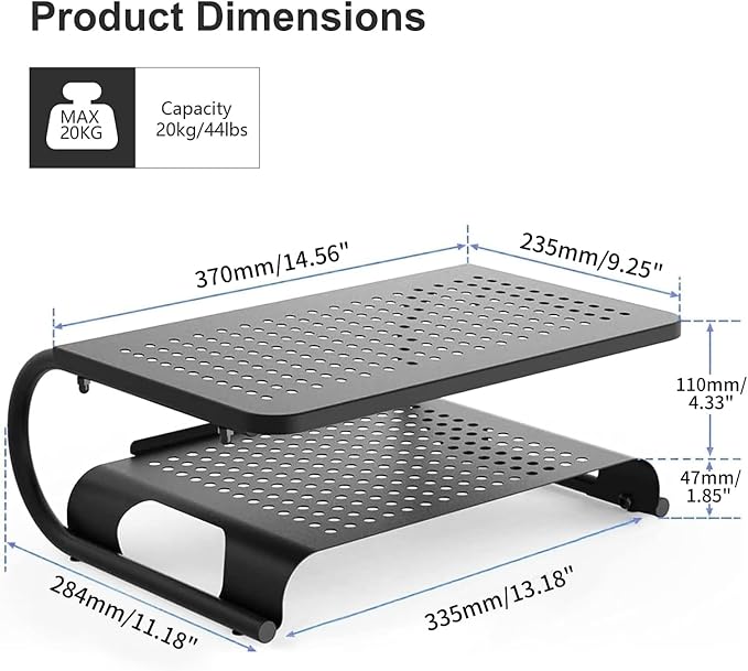 suptek Double-Deck Desk Monitor Stand Riser for Computer,Laptop,Printer, Notebook and All Flat Screen Display with Vented Metal Platform and 4 Inches Height Underneath Storage (MST002)