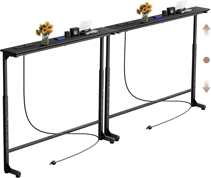 Keelian 90 inch Narrow Console Table with Outlet,Adjustable Height(25"-37") Behind Sofa Table,Couch Behind Table Skinny,Couch Shelf with Charging Station,Long Entryway Tables for Living Room,Black
