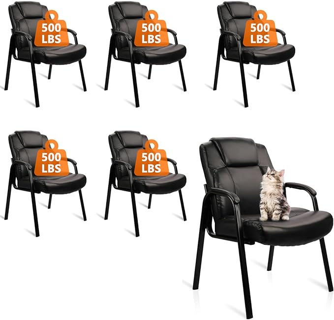 CLATINA Big Tall 500 LBS Wide Guest Chair Heavy Duty, Leather Side Reception Chairs with Padded Armrest No Wheels, Executive Office Desk Chair for Meeting Conference Waiting Room Home, Black 6 Pack