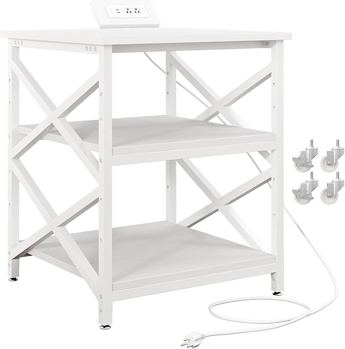METYERRY Large Printer Stand with Power Outlet, with Height Adjustable Storage Shelf, 3 Tier Rolling Printer Cart with Industrial Wheels, 23.6 x 23.6 Inches Printer Table for Home Office, White