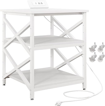 METYERRY Large Printer Stand with Power Outlet, with Height Adjustable Storage Shelf, 3 Tier Rolling Printer Cart with Industrial Wheels, 23.6 x 23.6 Inches Printer Table for Home Office, White
