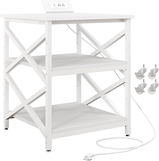 METYERRY Large Printer Stand with Power Outlet, with Height Adjustable Storage Shelf, 3 Tier Rolling Printer Cart with Industrial Wheels, 23.6 x 23.6 Inches Printer Table for Home Office, White