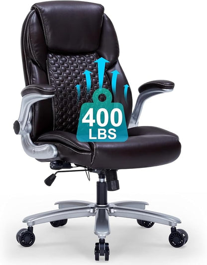 ZLHECTO® Big and Tall Executive Office Chair, PU Leather Swivel Desk Chair with Flip-up Arms, Adjustable Lumbar Support, Space-Saving Height Adjustable Rolling Computer Chair for Home & Office Use