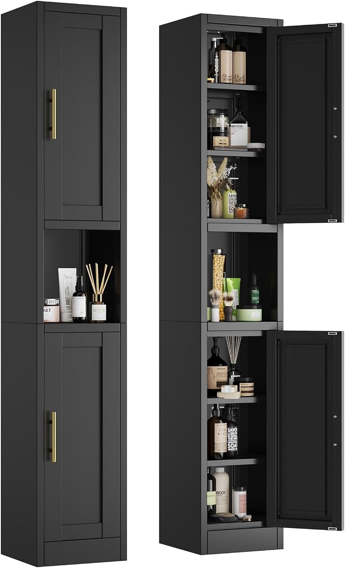 pozdeg 67" Tall Narrow Storage Cabinet Metal Bathroom Cabinet with 2 Doors & 4 Adjustable Shelves, Standing Pantry Cabinets Cupboard for Kitchen, Dining Room, Living Room and Bathroom (Black)