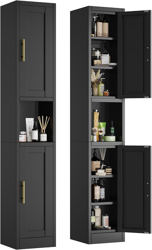 pozdeg 67" Tall Narrow Storage Cabinet Metal Bathroom Cabinet with 2 Doors & 4 Adjustable Shelves, Standing Pantry Cabinets Cupboard for Kitchen, Dining Room, Living Room and Bathroom (Black)