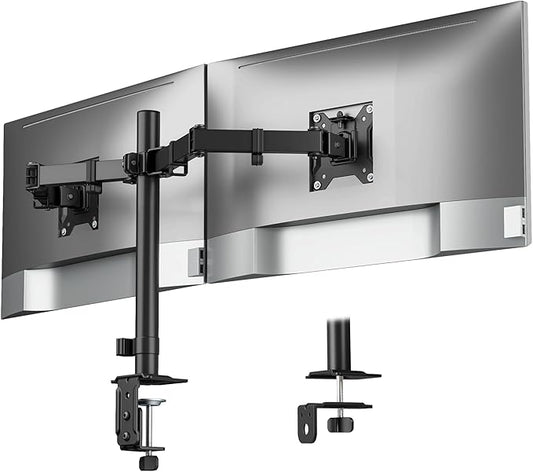monTEK Heavy Duty Dual Monitor Stand for 17 to 32 Inch Screens, Adjustable Desk Mount Supports 22 lbs Each, Clamp and Grommet Base, VESA 75x75/100x100