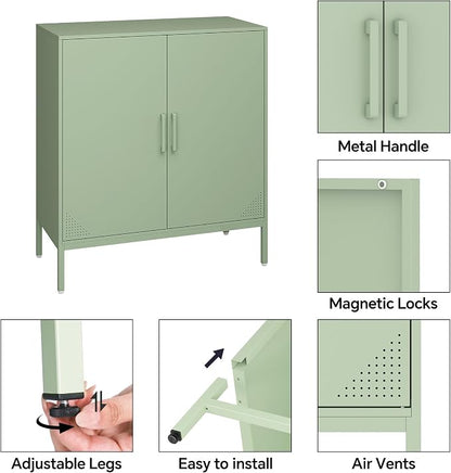 Steehoom Metal Storage Cabinet with Adjustable Shelf, 2 Door Locker Cabinet Buffet Sideboard for Kitchen Pantry, Dining Room, Office, Entryway, Bar (Green, 31.5" D x 15.75" W x 35.43" H)