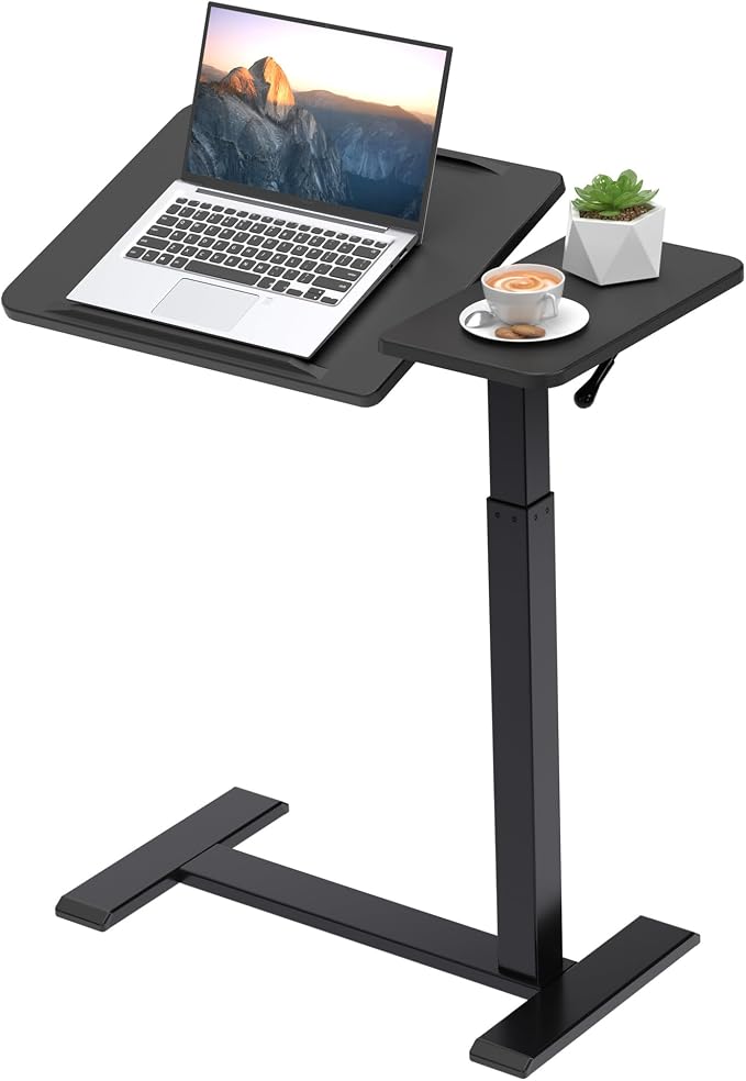 Adjustable Overbed Bedside Table with Hidden Wheels, Pneumatic Tilt Board Rolling Laptop Standing Desk Cart, Mobile Over Bed Sofa Chair Side End Tables, Walnut (Black)
