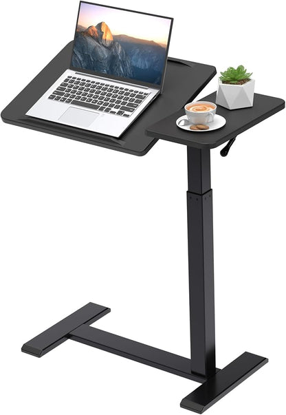Adjustable Overbed Bedside Table with Hidden Wheels, Pneumatic Tilt Board Rolling Laptop Standing Desk Cart, Mobile Over Bed Sofa Chair Side End Tables, Walnut (Black)