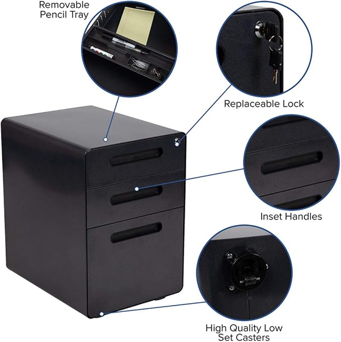 Flash Furniture Wren Ergonomic 3-Drawer Mobile Locking Filing Cabinet with Anti-Tilt Mechanism and Hanging Drawer for Legal & Letter Files, Black