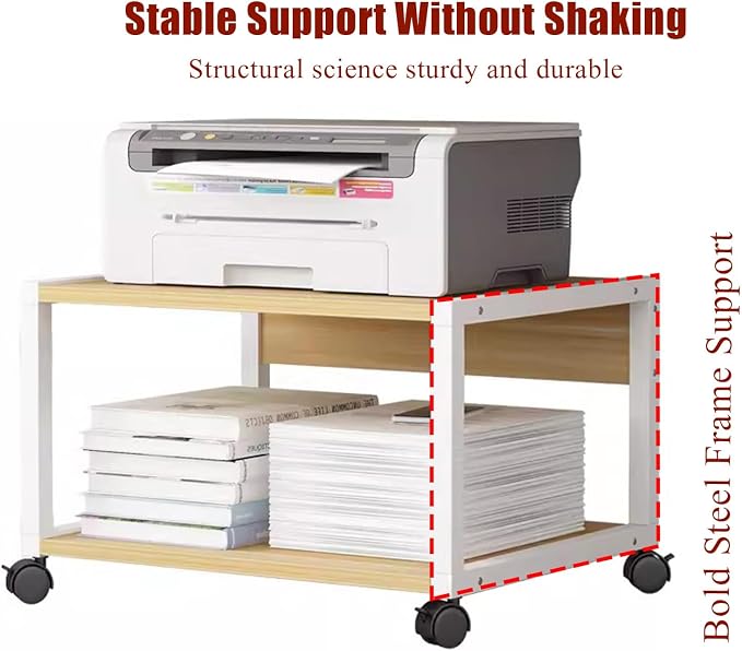 2 Tiers Rolling Under Desk Printer Stand,Office Movable Printer Desk with 4 Wheels & Lock Mechanism,Heavy Duty Storage Rack for Office and Home(Internal Height 10cm(3.9in), Black)
