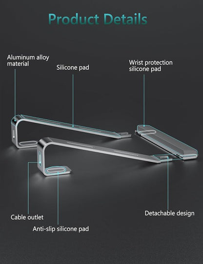 JCZT Aluminum Laptop Stand, Notebook Stand with Wrist Rest, Ergonomic Detachable Laptop Mount, Computer Stand Compatible with 10-17'' All Laptops Such as MacBook Air Pro/HP/Dell/Lenovo, Silver