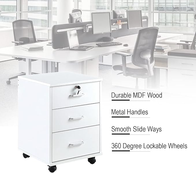 OFCASA 3 Drawer File Cabinet with Lock, Small Rolling Filing Cabinets for Home Office, Wooden Under Desk File Cabinet with Wheels, Mobile Storage Cabinet Printer Stand, for Letter/Legal/A4 Size, White