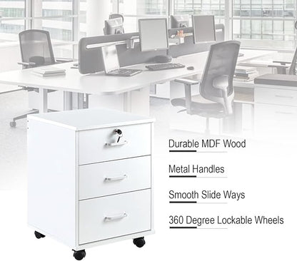 OFCASA 3 Drawer File Cabinet with Lock, Small Rolling Filing Cabinets for Home Office, Wooden Under Desk File Cabinet with Wheels, Mobile Storage Cabinet Printer Stand, for Letter/Legal/A4 Size, White