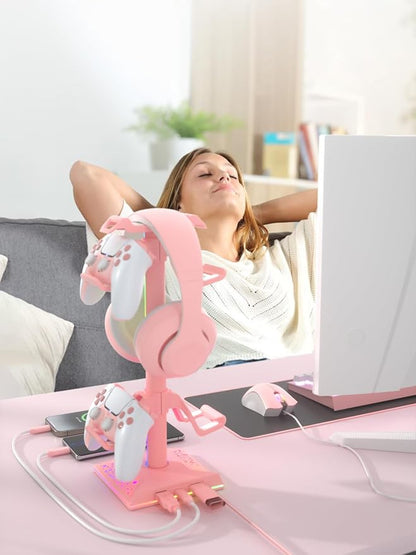 VCOM RGB Gaming Headphones Stand with 2 USB Ports, Pink Headset Stand with 10 Light Modes and Non-Slip Rubber, Suitable for PC Desk Accessories Gamers Gift(Pink)