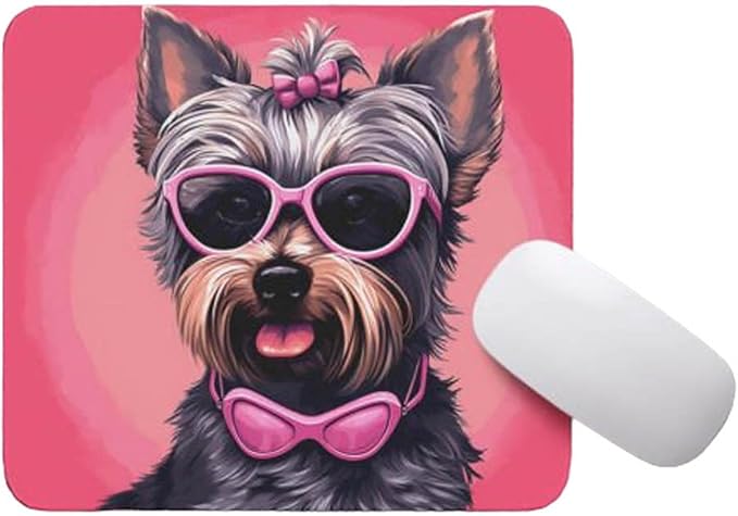 Pink Mousepad Glamour Dog Yorkie Mouse Pad for Home Office Gaming Working Desk Computer Desktop Accessories Non-Slip Rubber Mousepad for Dog Lovers Yorkshire Terrier