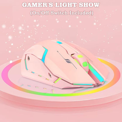 Wireless Gaming Mouse, Rechargeable Wireless Computer Mouse with Type-C Fast Charging, Ergonomic Mouse with 3 Adjustable DPI, 6 Silent Buttons, LED Light, Long Battery Life for Laptop, PC, Mac (Pink)