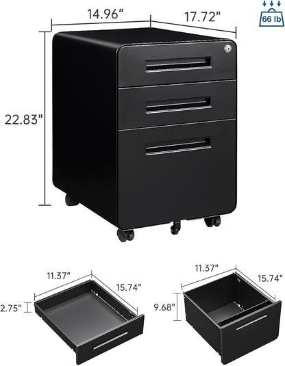 PEUKC 3 Drawer File Cabinet with Lock, Metal Under Desk Rolling Filing Cabinet fits Letter/Legal/A4 Size for Home Office,(Fully Assembled, Black)