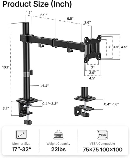 monTEK Extra-Long Single Monitor Mount for 17-32 inches Screen, Fully Adjustable Articulating Desk Monitor Stand up to 22lbs Capacity, Computer Mount with C Clamp and Grommet Base, Max VESA 100x100mm