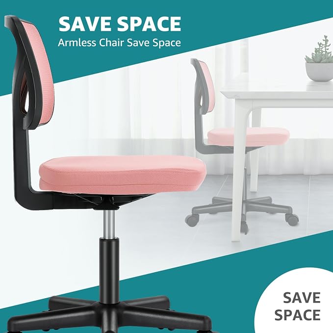OLIXIS Armless Office Chair, Ergonomic Desk Chair with Wheels, Mesh Back, Removable Washable Foam Cushion, Height Adjustable Rolling Swivel Chairs for Small Space, Home, Office, Pink