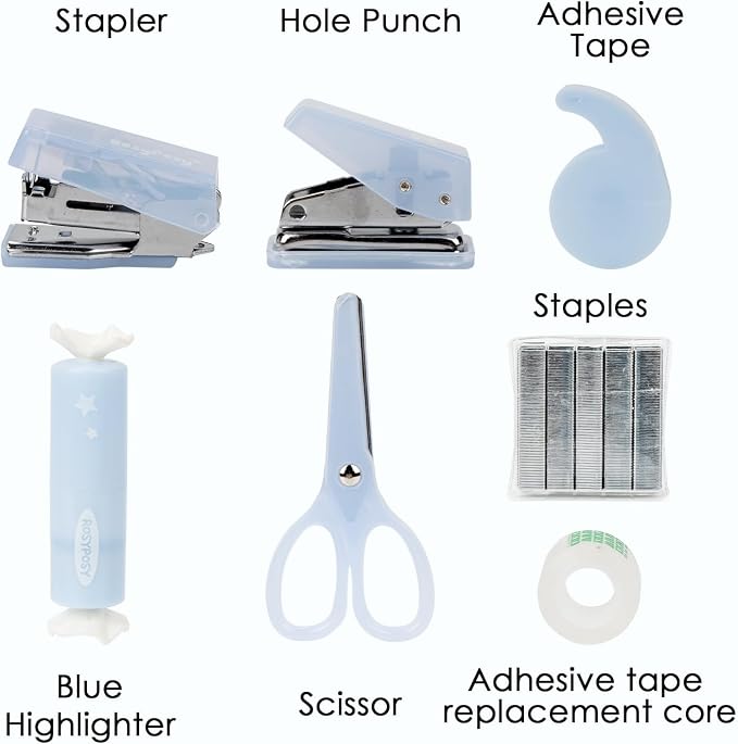 7-Piece Office Supplies Kit Set - Portable Mini Stationery Organizer with Compact Scissors & Hole Punch for Office Work, School Supplies & Desk Accessories