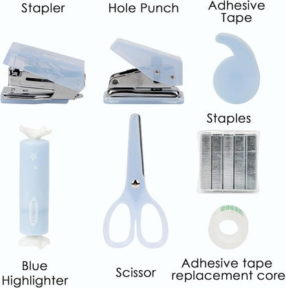 7-Piece Office Supplies Kit Set - Portable Mini Stationery Organizer with Compact Scissors & Hole Punch for Office Work, School Supplies & Desk Accessories