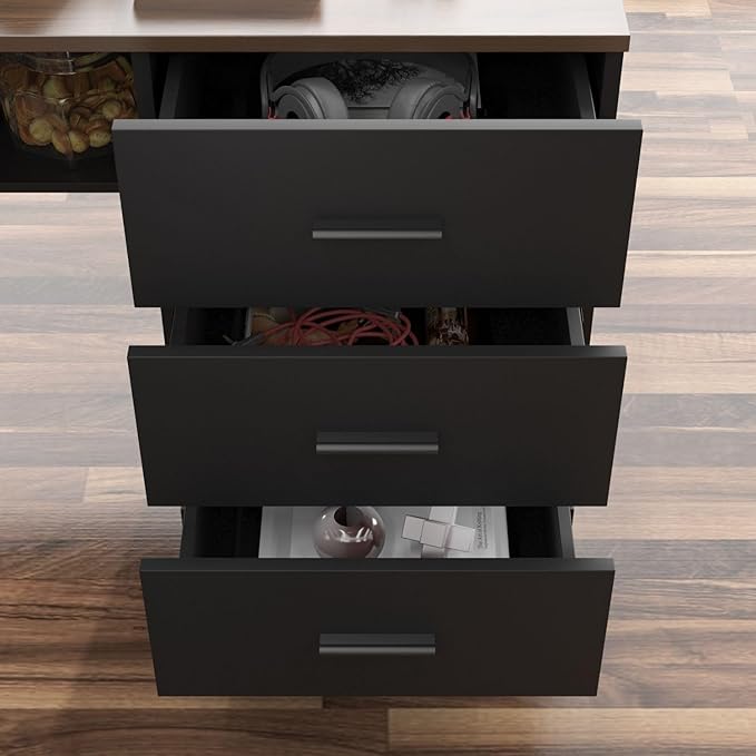 MOUMON Electric Standing Desk with Drawers and Shelves, Executive Adjustable Height Stand Up Desk, L-Shaped Design, 63 inch Tabletop, for Office Deep Brown and Black 63”W x 63”D x 28.9-45.3”H
