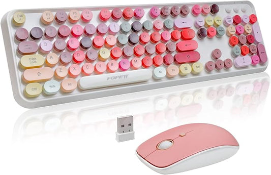 FOPETT Wireless Keyboard and Mouse Sets,Reliable 2.4 GHz Connectivity for PC,Laptop,Smart TV and More (White Colorful)