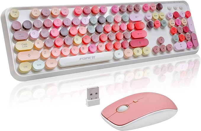 Wireless Keyboard and Mouse Combo - Cute Colorful Keyboard and Mouse, Retro Typewriter Keyboard with 2.4GHz Plug & Play, for Windows 11/10/7, Laptop, PC (White Color)