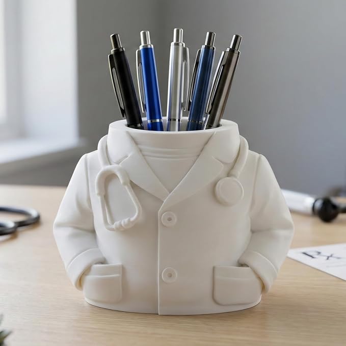 3D Printed Doctor Coat Pen Holder - Realistic Medical Desk Organizer with Stethoscope, White Doctor Sculpture Pen Cup for Office, Nurse, Medical Student Gift 5.9" x 3.5" x 4.3" (Male Doctor Style)