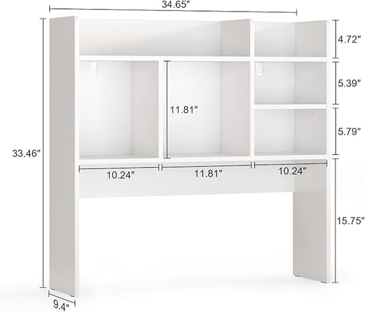 Desk Hutch with 6 Shelves, Desktop Bookshelf Organizer & Hutch Top for Desk, Over Desk Storage Shelf for Office, Home, Dorm | Space-Saving Design (White)