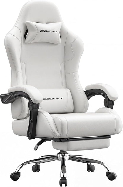 Dowinx Ergonomic Gaming Chair with Footrest & Massage Lumbar, 2D-Linkage Armrests for Computer Chair 330lbs with Headrest Pillow for Office, Home, Streaming and Long Gaming Sessions, Fabric Pure White