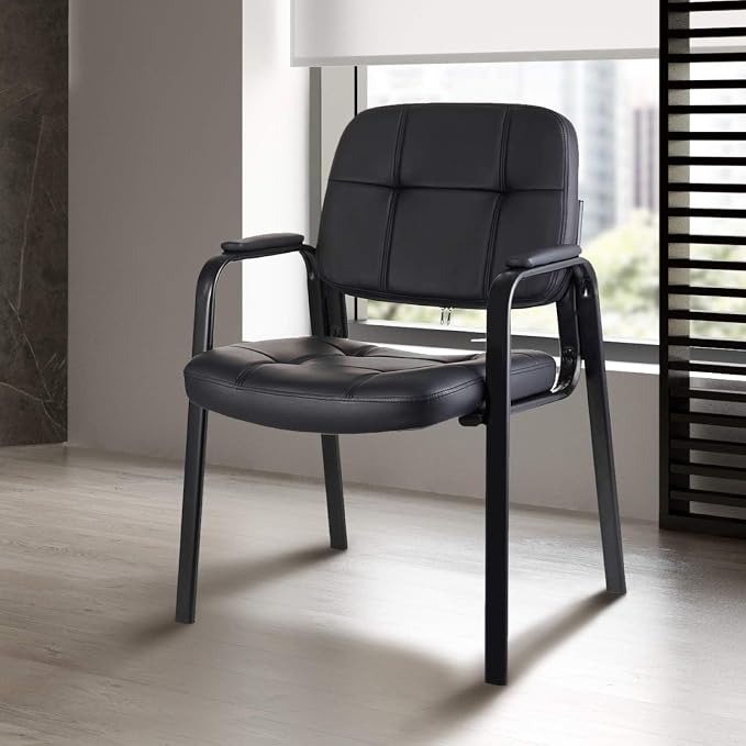 CLATINA Waiting Room Chairs with Padded Arms Leather Guest Chair no Wheels for Office Reception and Conference Desk with Sled Base Black, 8PK