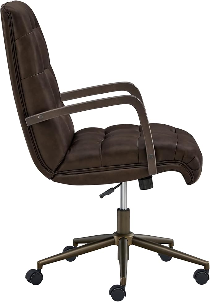 KISLOT Home Office Desk Chair, Ergonomic Office Chair with Square-Patterned Leather Upholstery, Adjustable Swivel Computer Chair with Wood Arms & Wheels, Soft-Rounded Front Edge, Espresso, Set of 2