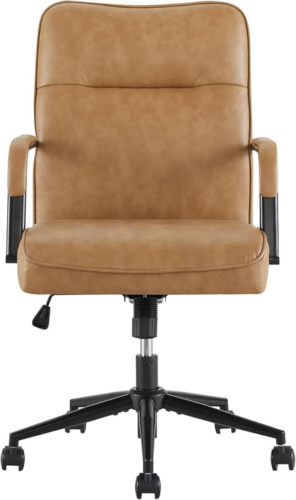 KISLOT Ergonomic Home Office Chair with Lumbar Support, Adjustable Swivel Modern Desk Chair with Wheels, Faux Leather Computer Chair with Padded Arms, Comfy Executive Office Chair, Camel Brown