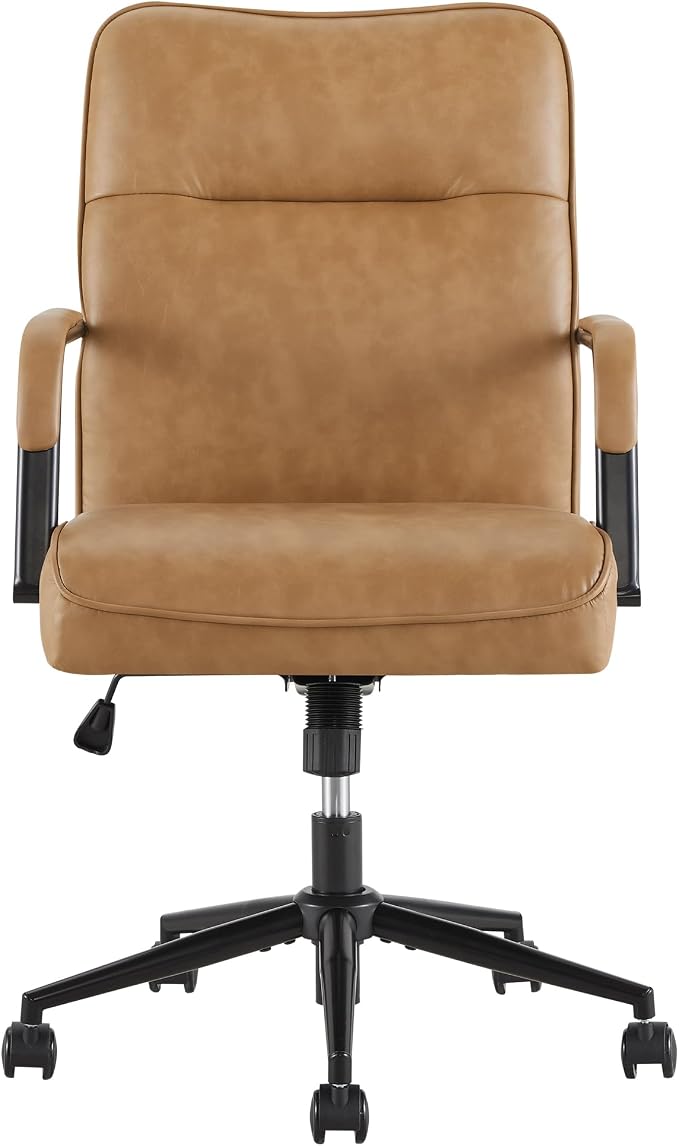 KISLOT Ergonomic Home Office Chair with Lumbar Support, Adjustable Swivel Modern Desk Chair with Wheels, Faux Leather Computer Chair with Padded Arms, Comfy Executive Office Chair, 2 PCS, Camel Brown