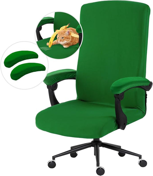 Stretch Computer Office Chair Cover with Armrest Covers Durable Zipper Universal Washable Removable Spandex Rotating Boss Chair Slipcovers Anti-dust Soft Desk Chair Seat Protector (Green)