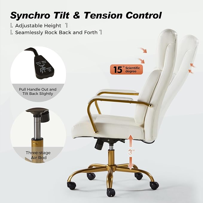 HULALA HOME Executive Office Chair with Adjustable Lumbar Support, Leather Ergonomic Office Chair with Padded Armrests, Tilt and High Back, White and Gold