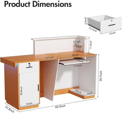Kikihouse Modern Reception Desk with LED, 63” Fluted Front Desk with Lockable Drawer, Cabinet and Sliding Tray, Large Reception Counter Table for Office Lobby Nail Salon Clinic (Red Oak)