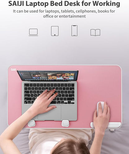 SAIJI Height & Angle Adjustable Laptop Stand for Bed, Lap Desk Bed Tray Table, Light Weight Foldable Portable Laptop Table for Couch Sofa Chair Floor Desk for Adults, Kids (Pink)