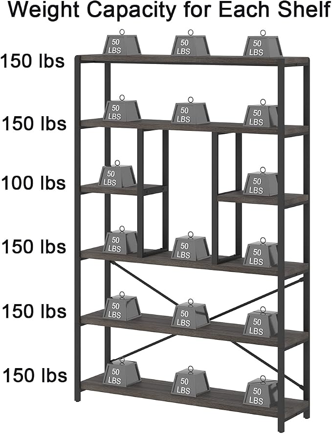 LVB Industrial Tall Bookshelf, Modern Wood Metal 6 Tier Book Shelf, Farmhouse Large 6 Shelf Etagere Bookcase, Open Wide Storage Bookshelves and Bookcases for Bedroom Living Room Office, Dark Gray Oak