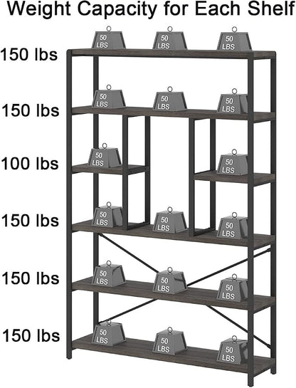 LVB Industrial Tall Bookshelf, Modern Wood Metal 6 Tier Book Shelf, Farmhouse Large 6 Shelf Etagere Bookcase, Open Wide Storage Bookshelves and Bookcases for Bedroom Living Room Office, Dark Gray Oak