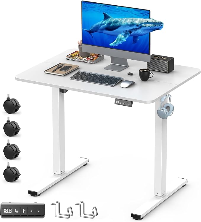 32" Small Electric Rolling Standing Desk Adjustable Height, Mobile Sit Stand up Desk with Lockable Casters for Home Office & Computer Workstation, Splice Board, 2 Hooks, White Frame/White Top