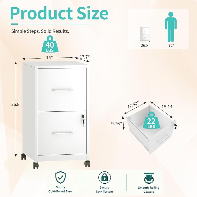 SAWJEC 2 Drawer Metal File Cabinet with Lock, White Mobile Filing Cabinet for Home Office, Assembly Required, Vertical Locking File Cabinet with Letter Size Hanging Files, 17.7" D x 15.0" W x 26.8" H