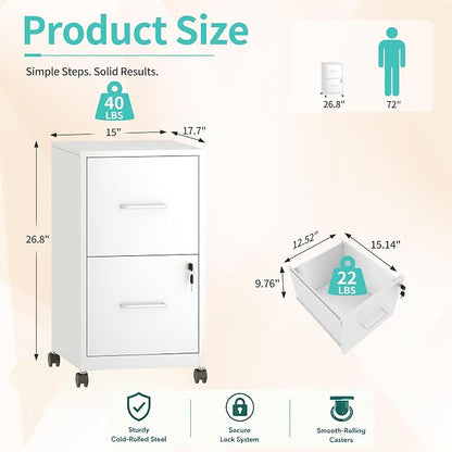 SAWJEC 2 Drawer Metal File Cabinet with Lock, White Mobile Filing Cabinet for Home Office, Assembly Required, Vertical Locking File Cabinet with Letter Size Hanging Files, 17.7" D x 15.0" W x 26.8" H