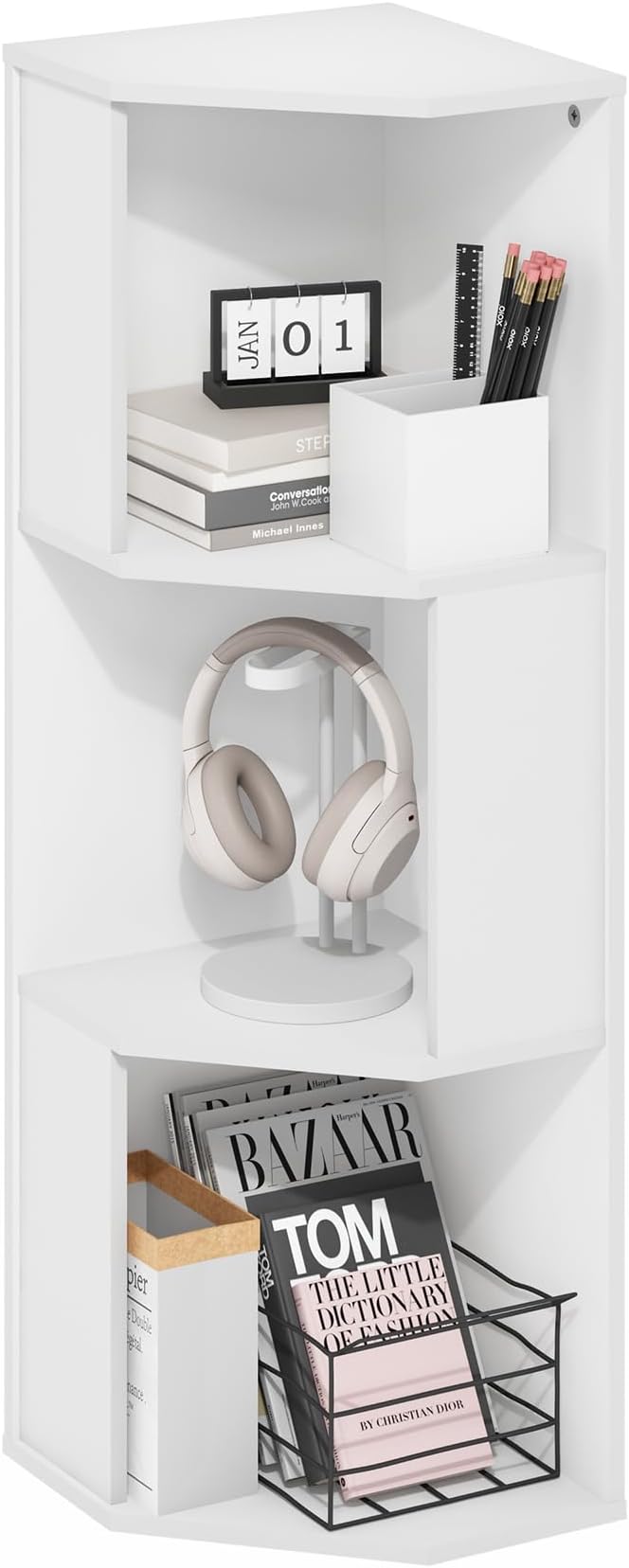 Furinno ECON Corner Shelf, 3-Tier Corner Book Shelf, Standing Storage Shelves, Cube Display Rack, Bookshelf, for Organization and Storage, Living Room, Home Office, Plain White