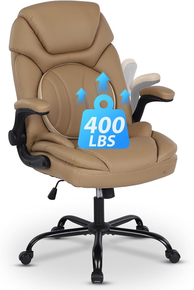 Big Tall Executive Office Chairs with Lumbar Support PU Leather Rocking Managerial Chair Comfy Swivel Desk Chairs with Wheels Flip-up Armrests, Khaki