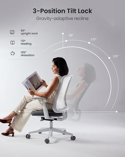 ProtoArc Ergonomic Office Chair – Flexer Mesh Couputer Chair for Women, Foam Sliding Seat, 125° Recline, Home Desk Chairs for Small Spaces, Stylish & Comfortable – White