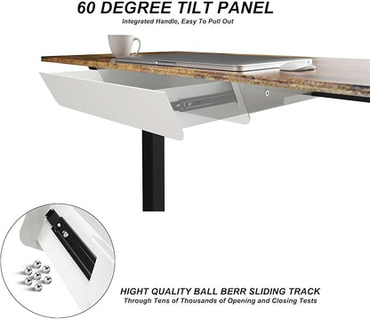 White Under Desk Mounted Sliding Drawer with 60 Degree Tilt Panel to pull out, 15'' long & 9'' deep Large Storage Organizer for Sit Stand Workstation